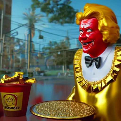 Image similar to a still of ronald mcdonald surrounded by gold and diamonds, award - winning, photograph, 3 d render, unreal engine, 4 k detailed