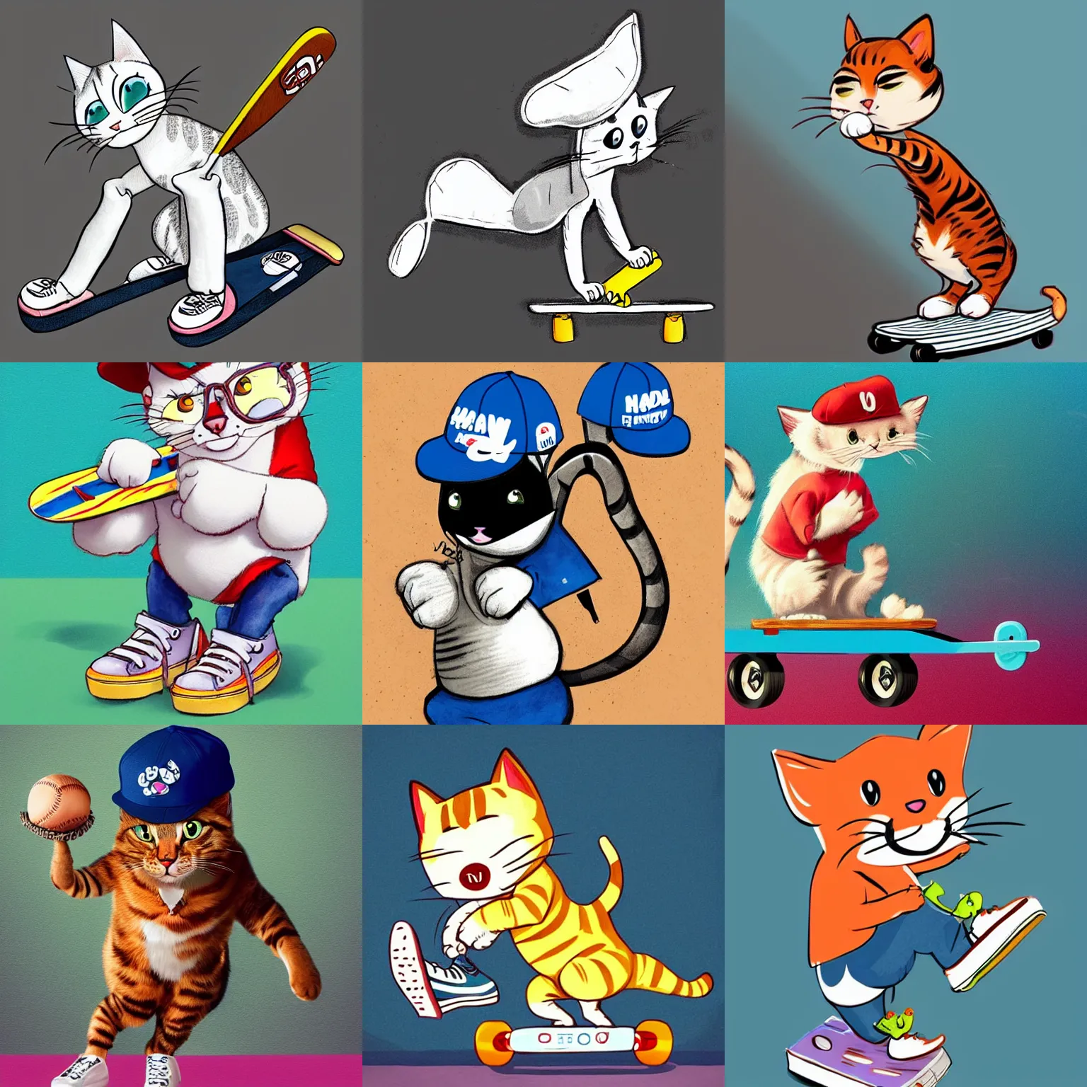 Prompt: cute and funny, a cat standing on its back legs, wearing high top sneakers and a baseball cap, riding a skateboard, by albert uderzo, trending at artstation, award winning