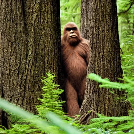 Prompt: Sasquatch Bigfoot peeking out from forest