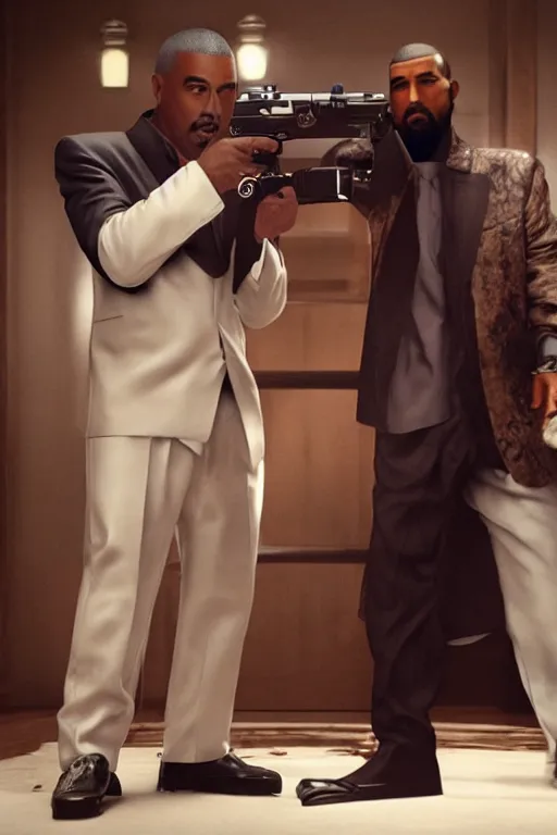 Image similar to hyperrealistic cinematic portrait of chow yun - fat and kanye west, wearing tuxedos, shooting guns in a quentin tarantino movie, 8 k, pulp fiction style, unreal engine