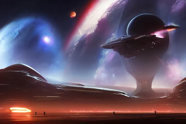 Image similar to a distant futuristic military installation, on the horizon, sleek, menacing, glowing lighting and neon signs, Raymond Swanland and Jessica Rossier nebula like clouds in space background near a ringed gas giant, hyper detailed hyper detailed, 8k, ultra realistic, cinematic lighting, ultra wide 35mm lens, Boeing Concept Art, Lockheed concept art