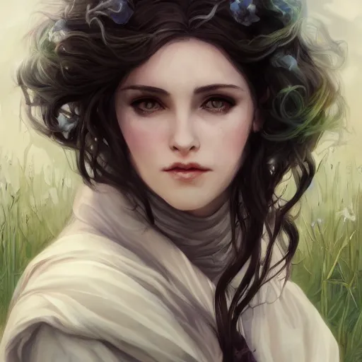 Image similar to yennefer of vengerberg in a field, detailed face, cute, playful, pearlescent, fantasy, featured on artstation, in the style of daniel gerhartz and krenz cushart, Alexis Franklin, Thomas River, WLOP, Artgerm by Charlie Bowater