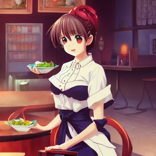 Image similar to the bored waitress, anime fantasy illustration by tomoyuki yamasaki, kyoto studio, madhouse, ufotable, comixwave films, trending on artstation