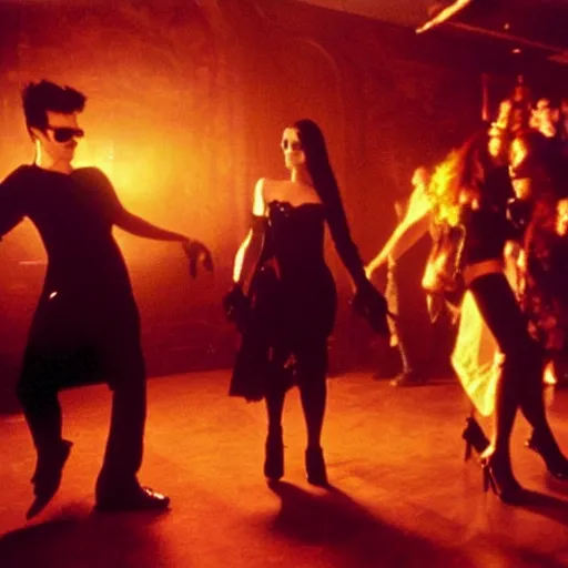 Prompt: High quality realistic photo of goths from the nightclub scene in the Matrix, 1999, dancing in a gothic nightclub. Kodak Ektar, 200 ISO, full length shot, beautiful & realistic faces, Bill Henson style chiaroscuro lighting, 90s cyberpunk anime style colour palette.