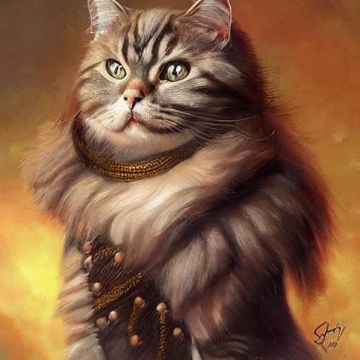 Prompt: portrait of a british longhair cat sodier with armor in the war, by stanely artgerm