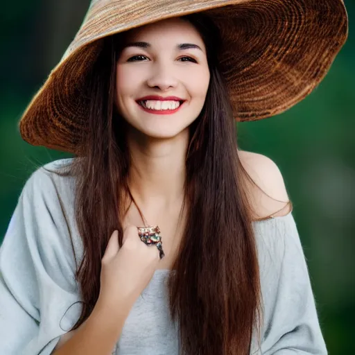 Image similar to a photo of a young pretty woman smiling with an oversized witch hat, photorealistic, high definition