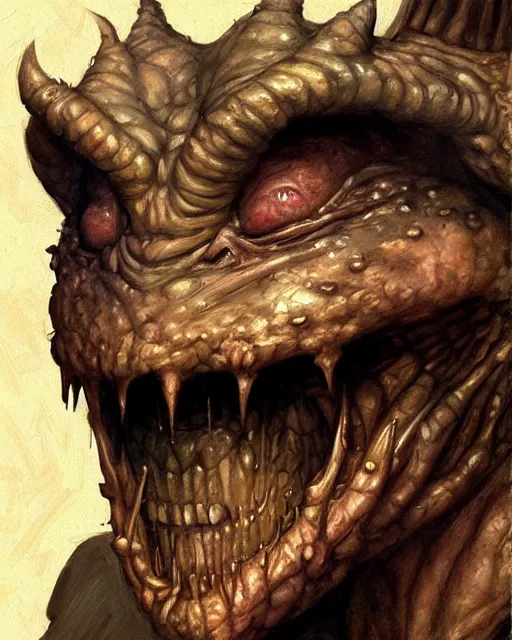 Image similar to closeup profile face portrait of a medieval goblin eating cakes in the cloisters, beautiful face, hyper realistic, highly detailed, digital painting, artstation, illustration, concept art by hyung tae, frank frazetta, bosch, giger, digital paint, matte paint, washed colors, dark, gloomy, detailed and intricate environment