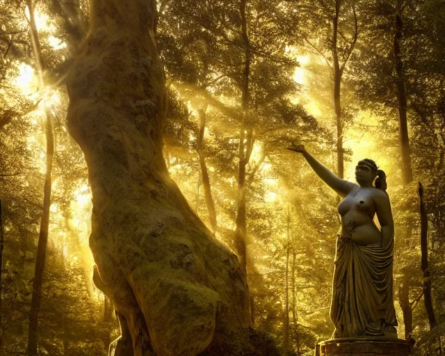 Image similar to Ancient statue lost in the heart of the forest depicting to the chubby ancient goddess of earth and trees wearing silks and leaves | dramatic light | cinematic lighting | sunshafts, volumetric lighting | golden hour | style of donato giancola