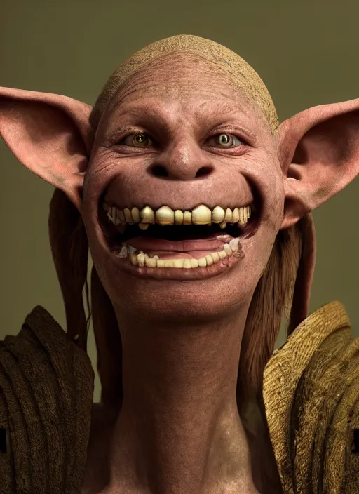 Image similar to closeup portrait of a medieval goblin smiling, depth of field, zeiss lens, detailed, symmetrical, centered, fashion photoshoot, by Annie Leibovitz and Steve McCurry, David Lazar, Jimmy Nelsson, Breathtaking, 8k resolution, extremely detailed, beautiful, establishing shot, artistic, hyperrealistic, beautiful face, octane render