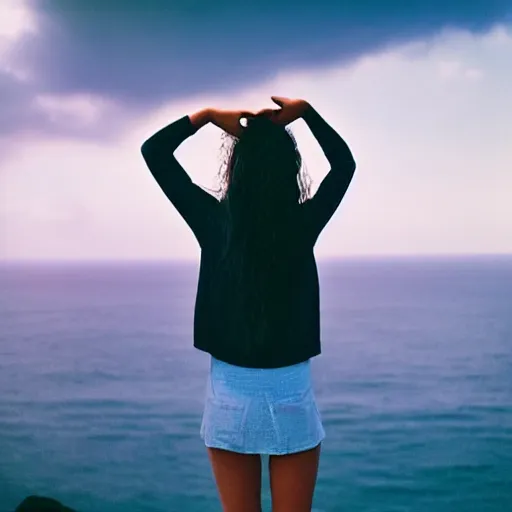 Prompt: kodak portra 4 0 0 photograph of a beautiful young woman standing on a cliff edge over the ocean, back view, arms raised, wavy dark hair, moody lighting, intricate geometric tattoo on her back, telephoto, 9 0 s vibe, blurry background, vaporwave colors, faded!