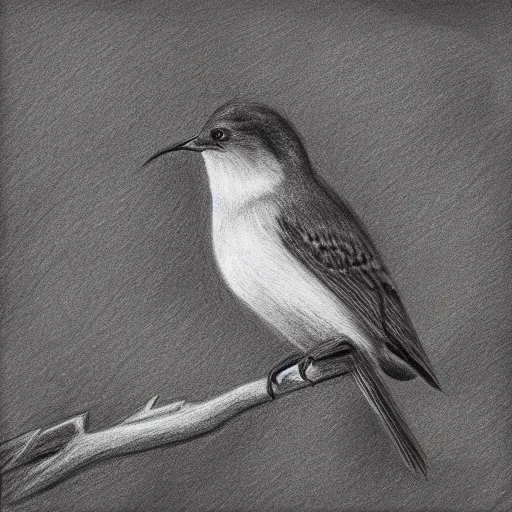 Prompt: a bird with a toothpick in his mouth standing on a branch that is shape as a heart, realistic pencil drawing