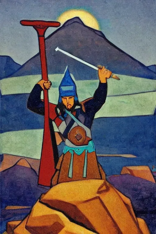 Image similar to thor holding the hammer, stay on mountain, marvel, artwork by nicholas roerich,