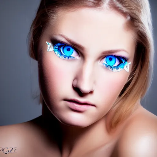 Image similar to photo portrait of very very very beautiful woman face staring into camera, realism, blue eyes, extreme detail, key art, ring light, flash, photo by greg rutkoski, photoshoot