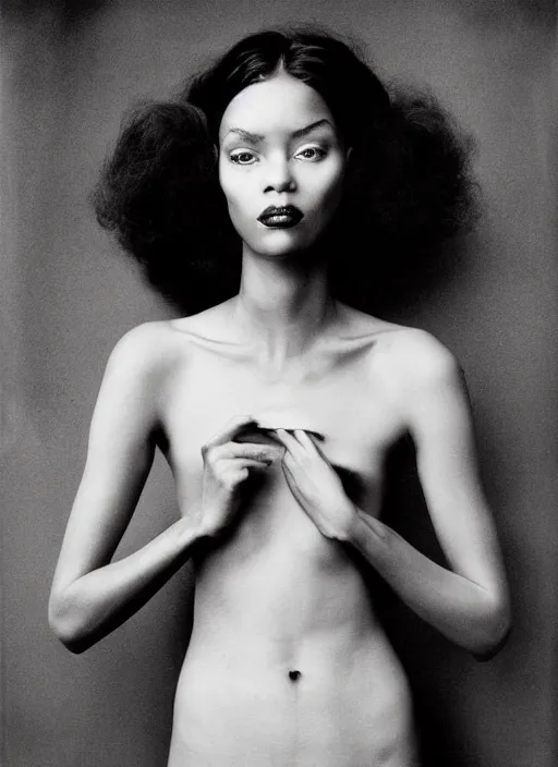 Image similar to half - length portrait of cute model black dressed, fine art portrait photography by richard avedon