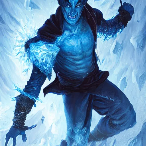 Image similar to a blue tiefling man wearing dark cloths frozen in a block of ice and being shattering into a million pieces, action, cracked, destroyed, shattering, breaking, by Tony Sart, detailed, realistic, masterpiece