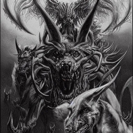 Prompt: the hounds of hell, fantasy art, artstation, alan lee, illustration, detailed