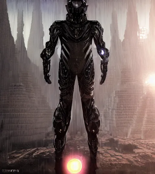 Image similar to aura of the ancient destroyed majestic tower of babylon, geometrieva in a gantz suit, futuristic cyber clothing, transparent puffer jacket, tarkovsky greatest scene, hyperealistic, blockchain, cyber world, ambient lighting, concept art, intricate, hyper detailed, smooth, dynamic volumetric lighting, ocatane, ray trace, cinematic, high quality, cgsociety