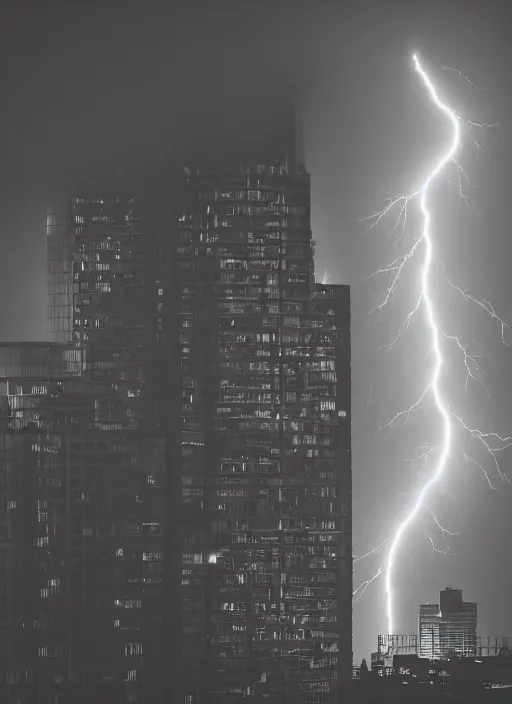 Prompt: a 2 8 mm macro photo of lightning striking the top of a building in a city, long exposure, misty, night, splash art, movie still, bokeh, canon 5 0 mm, cinematic lighting, dramatic, film, photography, golden hour, depth of field, award - winning, anamorphic lens flare, 8 k, hyper detailed, 3 5 mm film grain