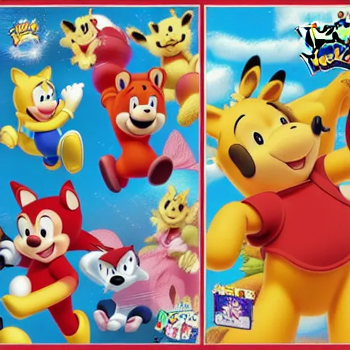 Image similar to photograph of winnie the pooh and super mario and sonic the hedgehog anime style, on pokemon card packs at target