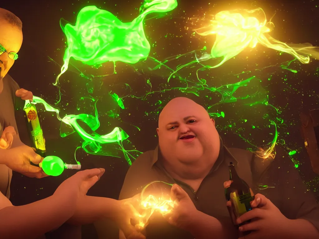 Prompt: a hyperrealistic portrait render of two fat bald men opening a bottle of glowing absinthe and squirting fluorescent liquid in the cosmos, unreal engine 8k