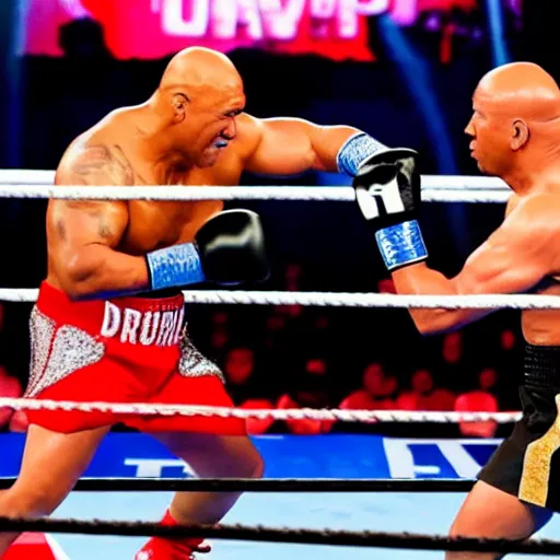 Prompt: Donald Trump fights Dwayne the Rock Johnson in a WWE boxing match on live tv, title match footage