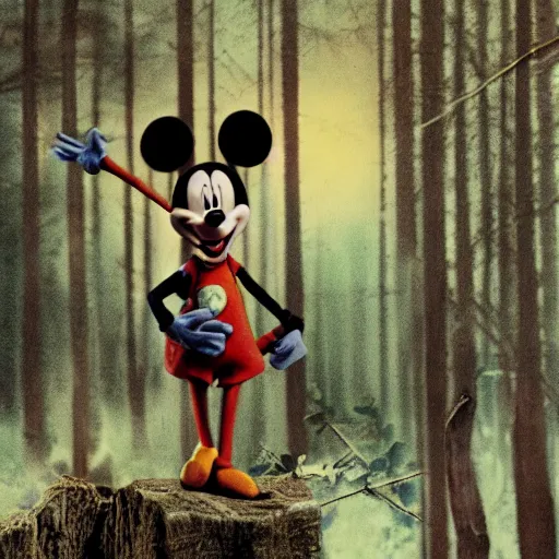 Prompt: Mikey mouse in the woods creepy scary Captured on a Polaroid 4k detail