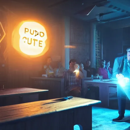 Image similar to pub quiz at the end of the universe, dramatic lighting, action, octane render, hyperrealistic