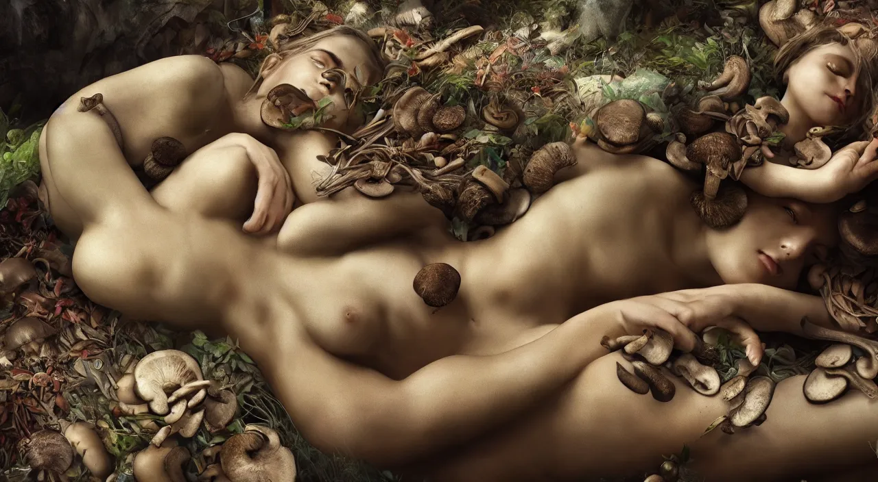 Image similar to a bio - mechanical pretty sleeping giant woman with mushrooms as camouflage highly detailed, cinematic, perfect face, cyberpunk, fine details, studio lighting, subtle shadows, art by hieronymus bosch, photo - realism, hyper realism, octane render