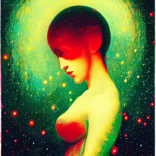 Image similar to beautiful sad female portrait looking down, red and green palette, night lights, starry sky, by ( h. r. giger ) and paul lehr