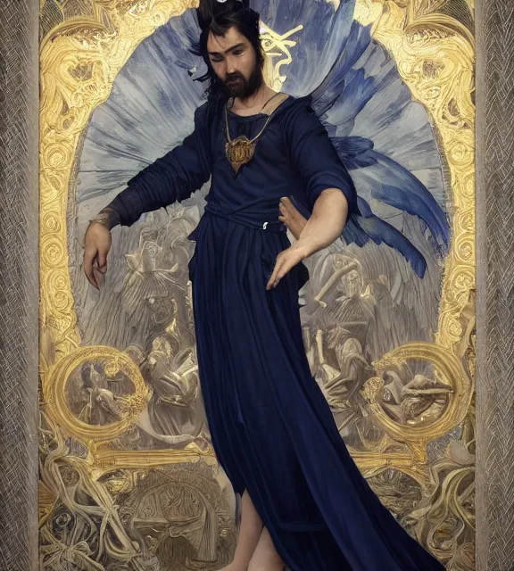 Image similar to god of death, young male, in the underworld, elegant dark blue dress, very detailed, throne, very intricate details, jewelry, gold eyeshadow, elaborate long black hairstyle, wings, cinematic, artstation, william bouguereau, alphonse mucha, greg rutkowski, rossdraws, octane render