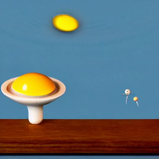 Image similar to a fried egg flying saucer, with salt and pepper aliens dancing on top, in the style of pixar, against a blue sky