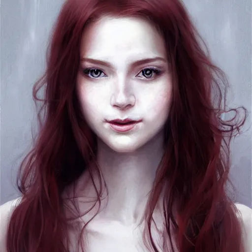 Prompt: facial portrait of a young pretty woman in flowing dress, arrogant, mysterious, long fine red hair, delicate, looking at camera!!!, slightly awkward smile!, realistic face, no hands visible, intricate, stylish, elegant, grimdark fantasy, vibrant, extremely detailed painting by Greg Rutkowski and Steve Henderson and Harumi Hironaka