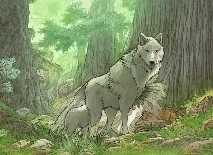 Prompt: a majestic great wolf in a mythical forest next to a pathway, by ghibli studio and miyasaki, illustration, great composition