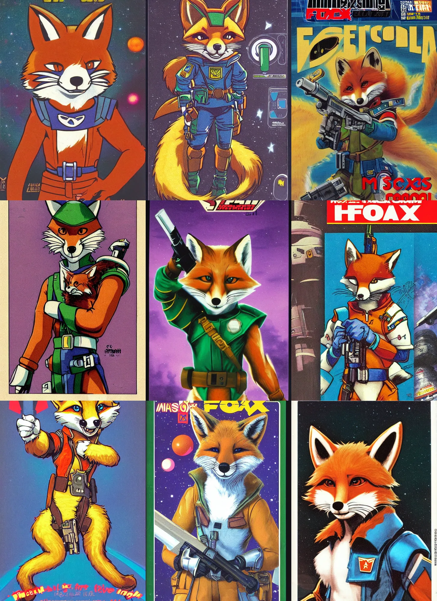 Prompt: 1 9 8 0 s video game art portrait of anthropomorphic fox mccloud from starfox fursona furry fox in a dark space mercenary uniform, looking heroic, magazine scan, 8 0 s game box art, fox mccloud