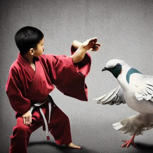 Image similar to a pigeon vs a kid kung fu style in a dojo for a piece of bread, facing each other, stand off, muscled pigeon like the rock, best photo award, high quality 8 k, cinematic lighting, cinematic composition, high detail, realism : 9 5 %