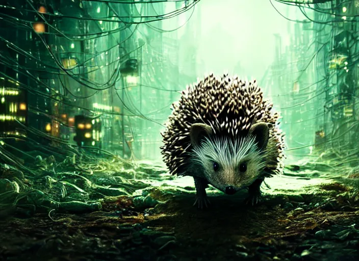 Image similar to intricate hedgehog with optic fibers growing out of it's back, on the background of a weird magical mechanical forest. Very detailed 8k. Fantasy cyberpunk horror. Sharp. Cinematic post-processing. Unreal engine. Nanite. Ray tracing. Parallax. Tessellation