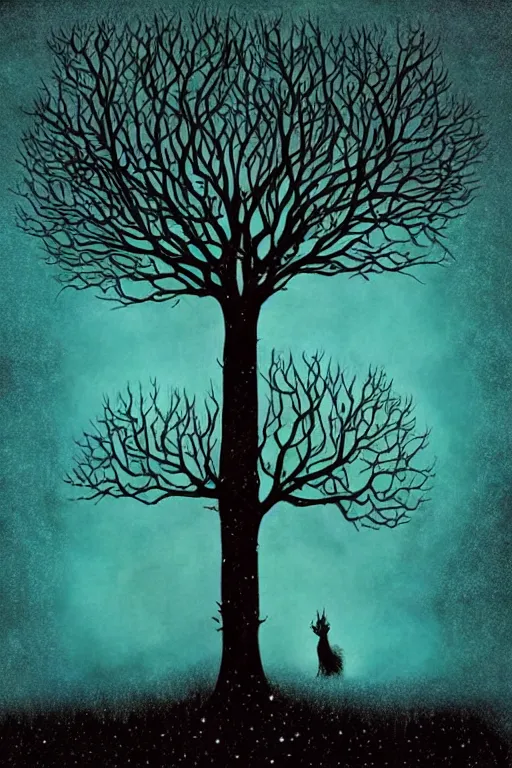 Image similar to surreal, fantasy, fairytale animals, apple tree, haunted woods in silhouettes, by andy kehoe