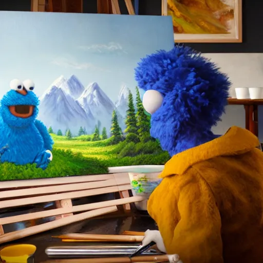 Image similar to a closeup photorealistic photograph of bob ross working on a canvas painting cookie monster. film still. brightly lit scene. mountains and trees. this 4 k hd image is trending on artstation, featured on behance, well - rendered, extra crisp, features intricate detail, epic composition and the style of unreal engine.