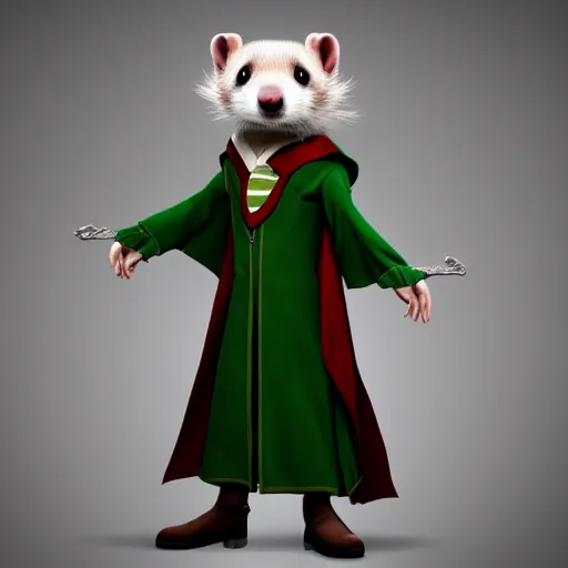 Image similar to a anthropomorphic ferret is dressed as a hogwarts student in slytherin robes, hyperdetailed, artstation, cgsociety, 8 k