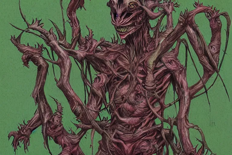 Image similar to multi headed demon in a forest in the style of wayne barlowe