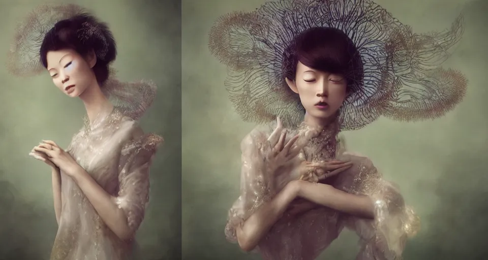 Image similar to closeup shot of asian female wearing a luminous soft fragile jelly fish dress, by ray caesar, by louise dahl wolfe, by andrea kowch, by anna claren, surreal photography