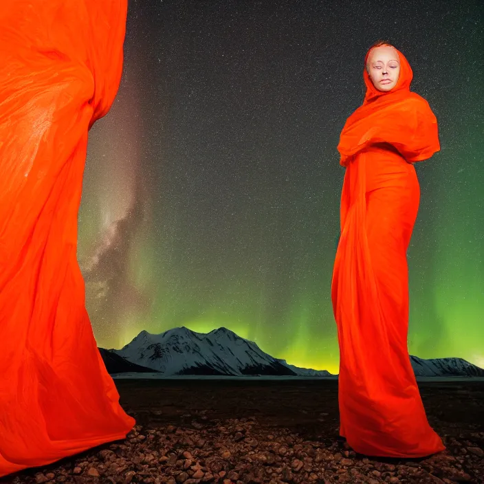 Prompt: closeup portrait of a woman wrapped in orange fiber, standing in alaska, aurora borealis in background, color photograph, by vincent desiderio, canon eos c 3 0 0, ƒ 1. 8, 3 5 mm, 8 k, medium - format print