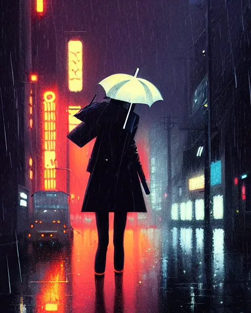 Image similar to blade runner, hyper - realistic portrait of a girl with umbrella, real street, rain, cinematic, by atey ghailan, by greg rutkowski, by greg tocchini, by james gilleard, by joe fenton, by kaethe butcher, 8 k, very intricate, 8 0's, night