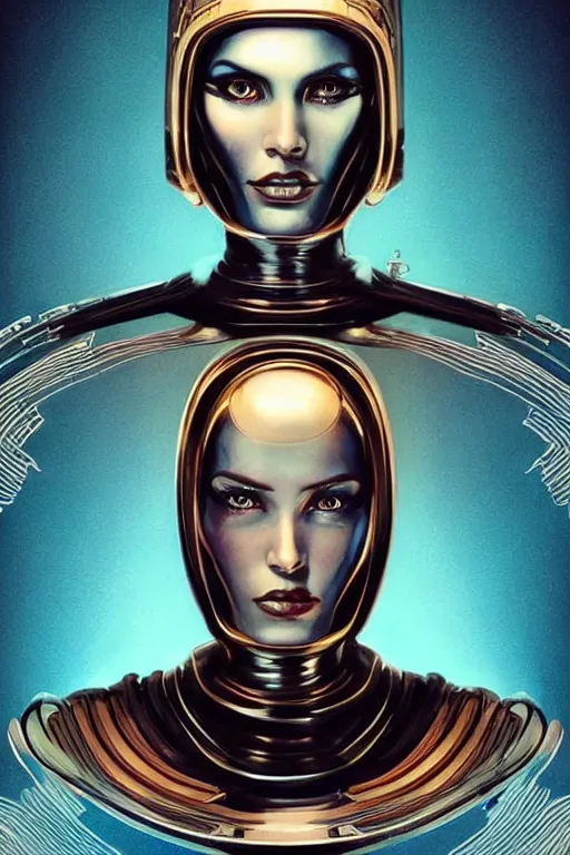 Image similar to retro-futuristic portrait of a beautiful female android in old scratchy chrome armour, ornate background, rim light, ornate pattern, glowing eyes, evil expression, high details, intricate details, renaissance painting by vincent di fate, artgerm julie bell beeple, 80s, Smooth gradients, High contrast, depth of field, very coherent symmetrical artwork
