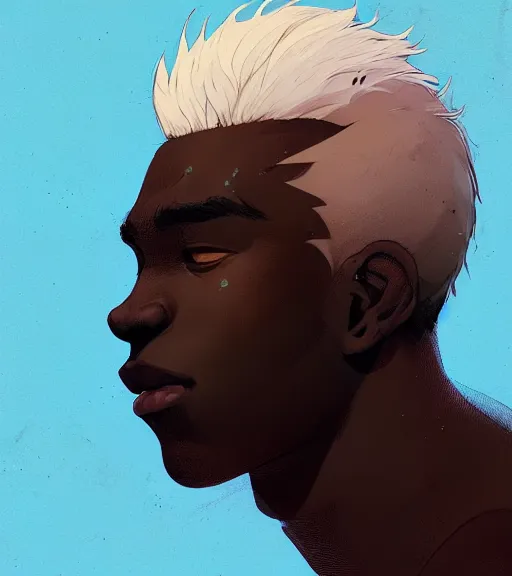 Image similar to portrait of a young man, raised on the island, dark skin, white hair, face tatooes by atey ghailan, by greg rutkowski, by greg tocchini, by james gilleard, by joe fenton, by kaethe butcher, dynamic lighting, gradient light blue, brown, blonde cream and white color scheme, grunge aesthetic