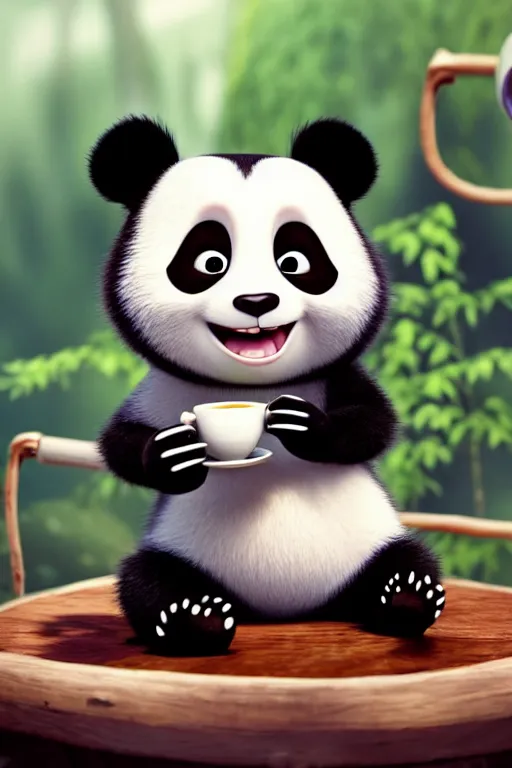 Image similar to a cute panda with big eyes looking at a cup of coffee in the forest. Pixar Disney 4K 3d render funny animation movie Oscar winning trending on ArtStation and Behance. Ratatouille style.