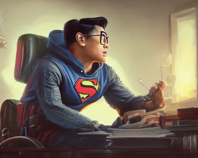 Image similar to an insanely detailed painting of a nerdy asian man wearing a superhero costume, sitting at a desk, staring at the nervously at the computer and typing, in the style of peter mohrbacher, dramatic lighting and composition, surreal background, octane render, pixar, trending on artstation, concept art, comic book, view from behind