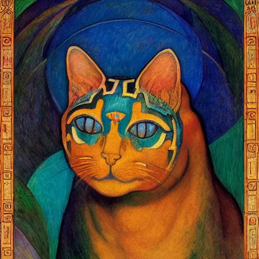 Image similar to painting of cloisonne cat head, by annie swynnerton and diego rivera and nicholas roerich and jean delville, symbolist, dramatic lighting, god rays, art brut, rich colors, smooth, sharp focus, extremely detailed, adolf wolfli and ( donato giancola and bilibin )