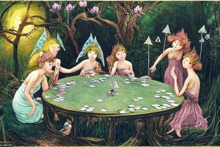 Prompt: a group of gracious fairies playing cards!!!!! on a table in an atmospheric moonlit forest next to a beautiful pond filled with water lilies, artwork by ida rentoul outhwaite, the fairies have wings!!!! and play blackjack!!!!.