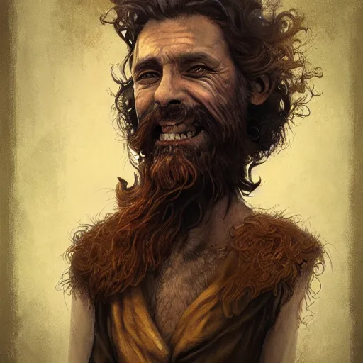 Image similar to full-body portrait of a majestic hobo, brown and gold, rags, beard, missing teeth, by Anato Finnstark, Tom Bagshaw, Brom